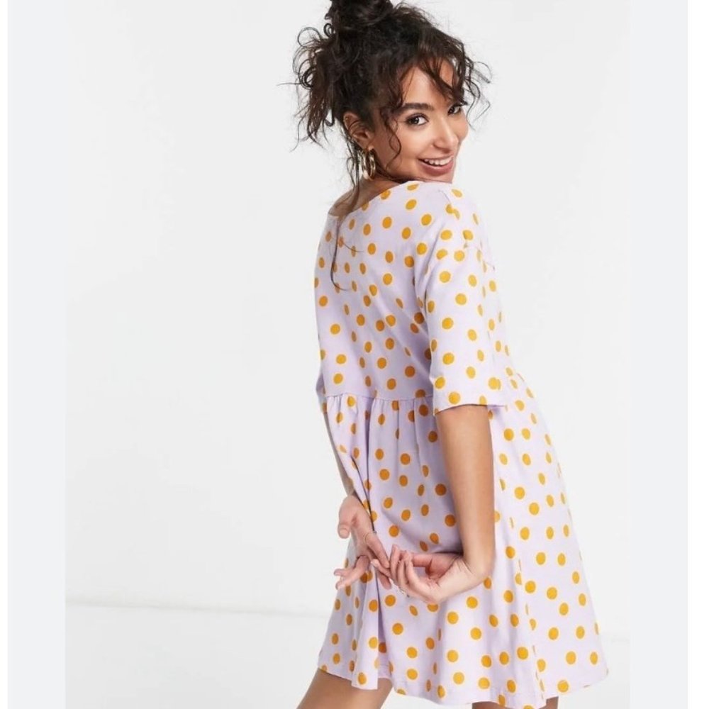 ASOS Design Women's Baby Doll Dress Size 0 Lilac Polka Dot Tie Oversized - Picture 3 of 12